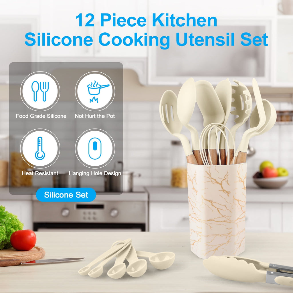 Silicone Cooking Utensils Sets with Utensils Holder 12-Piece Wooden Handle Kitchen Utensil Set 600F Heat Resistant No... - Image 3