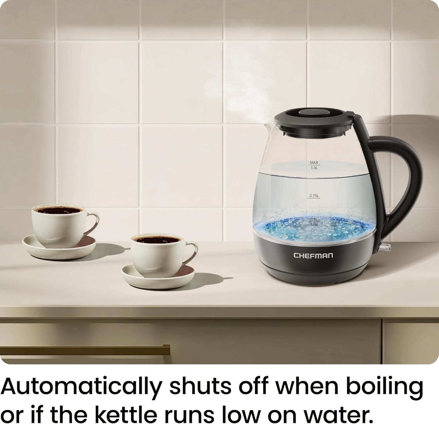 1L Electric Glass Kettle w/ LED Indicator Light, Automatic Shutoff - Black - Image 5