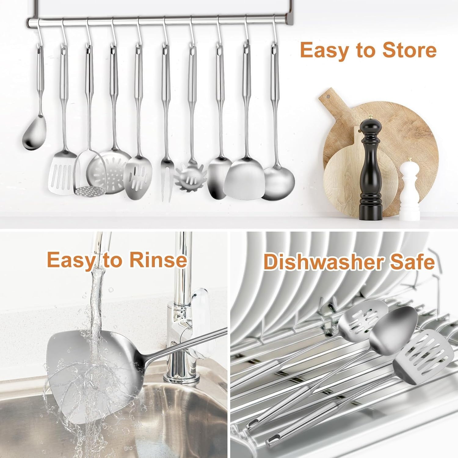 12-Piece Stainless Steel Cooking Utensils Set with Ergonomic Handles, Dishwasher Safe Metal Kitchen Tools for Home an... - Image 2
