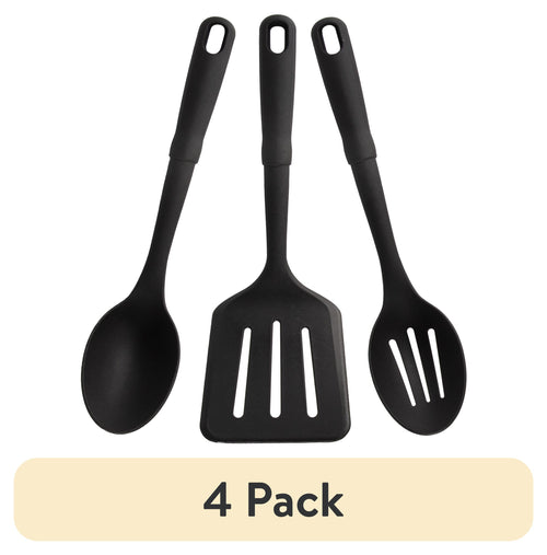 (4 pack) 3-Piece Kitchen Utensil Set, Slotted Spatula, Slotted Spoon and Solid Spoon, Black, Nylon