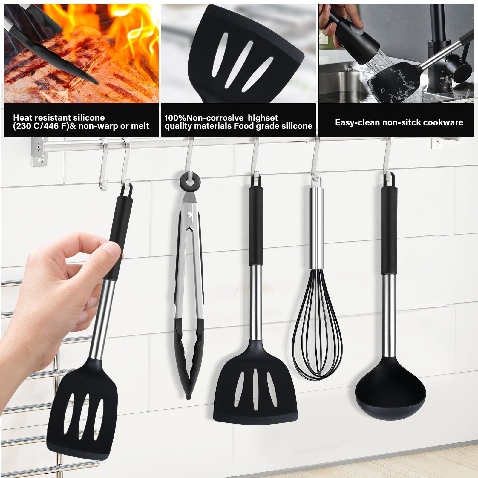KSENDALO Silicone Cooking Utensils Set, 26 Pcs, Heat Resistant Kitchen  Utensils Set, Black - Image 4