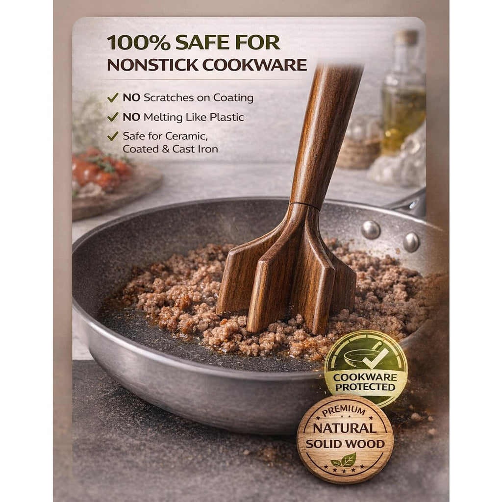 Wooden Meat Chopper for Ground Beef – Heavy Duty Turkey & Hamburger Smasher, Ergonomic Manual Food Masher for Nonstic... - Image 3