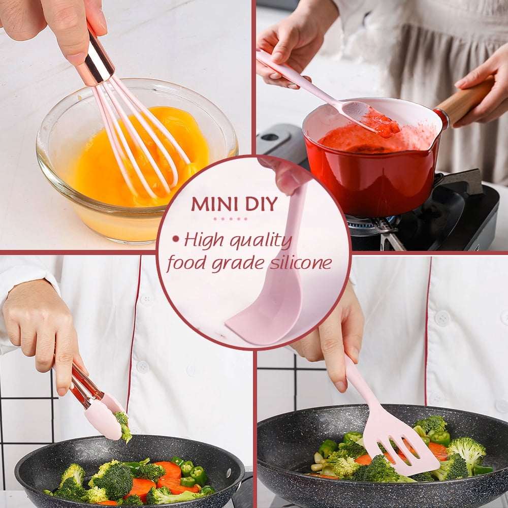 Rose Gold And Pink Kitchen Utensil Small Five-Piece Set Mini Silicone Kids Kitchen Tools Whisk Spatula Tongs Spoon An... - Image 3