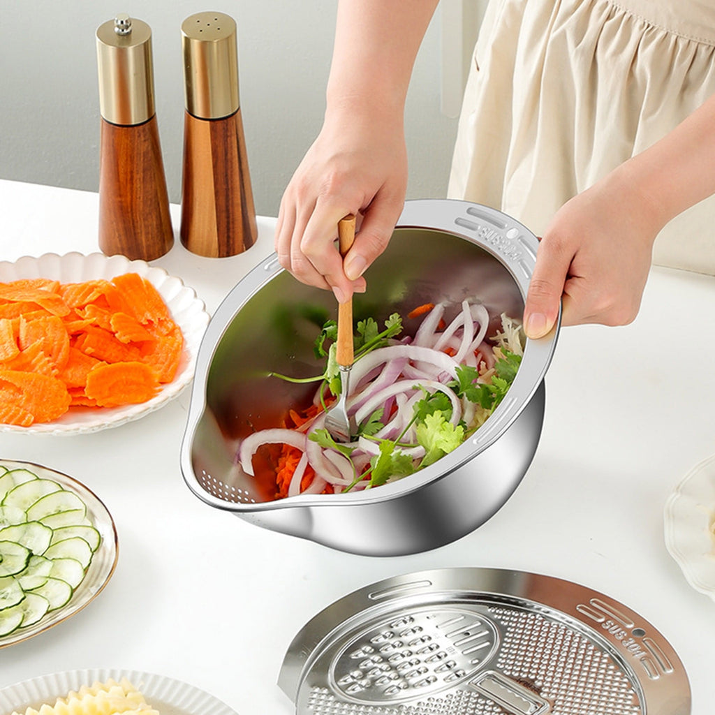 Stainless Steel Salad Chopper & Colander Set, Multi-Blade Mandoline Slicer Grater with Drain Basket & Mixing Bowl, Al... - Image 4