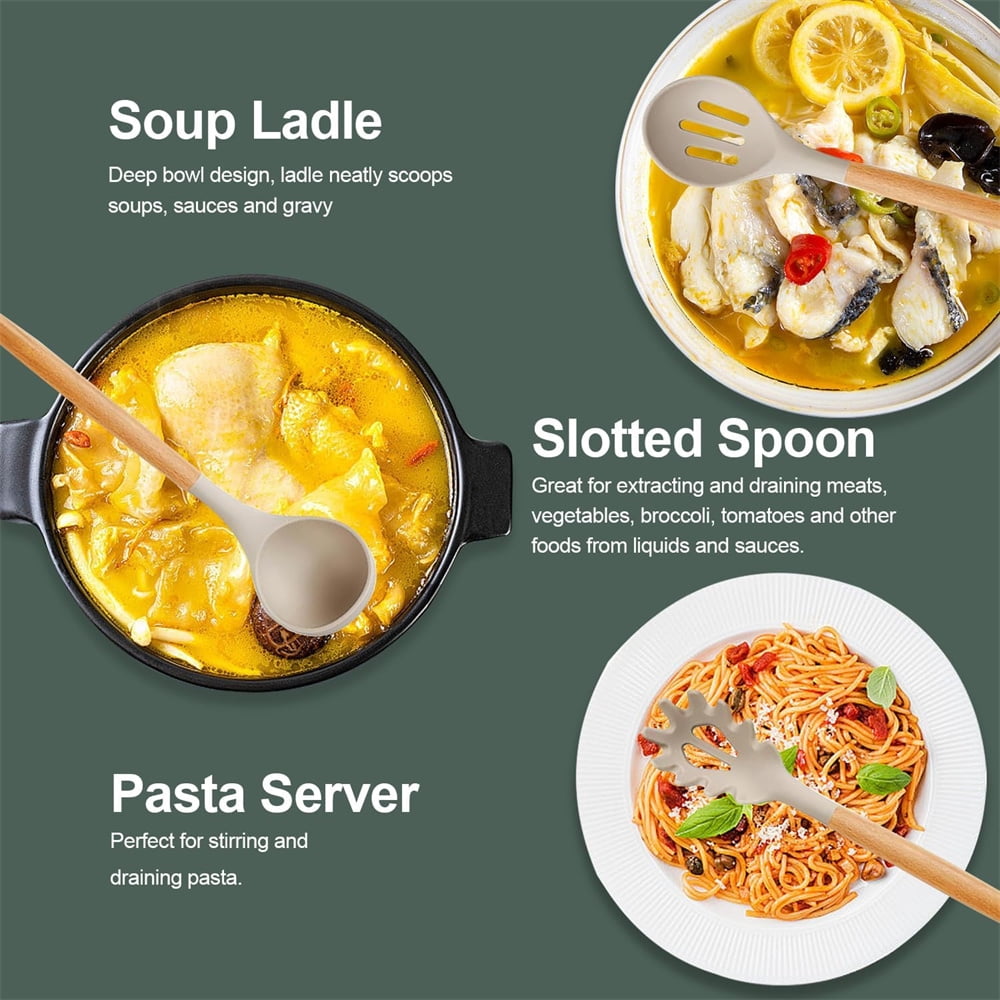 12-Piece Silicone Kitchenware Set - High-Temperature Heat-Resistant Kitchen Utensils, Safe Cooking Tools, with Wooden Handles, Dishwasher-Sa - Image 5