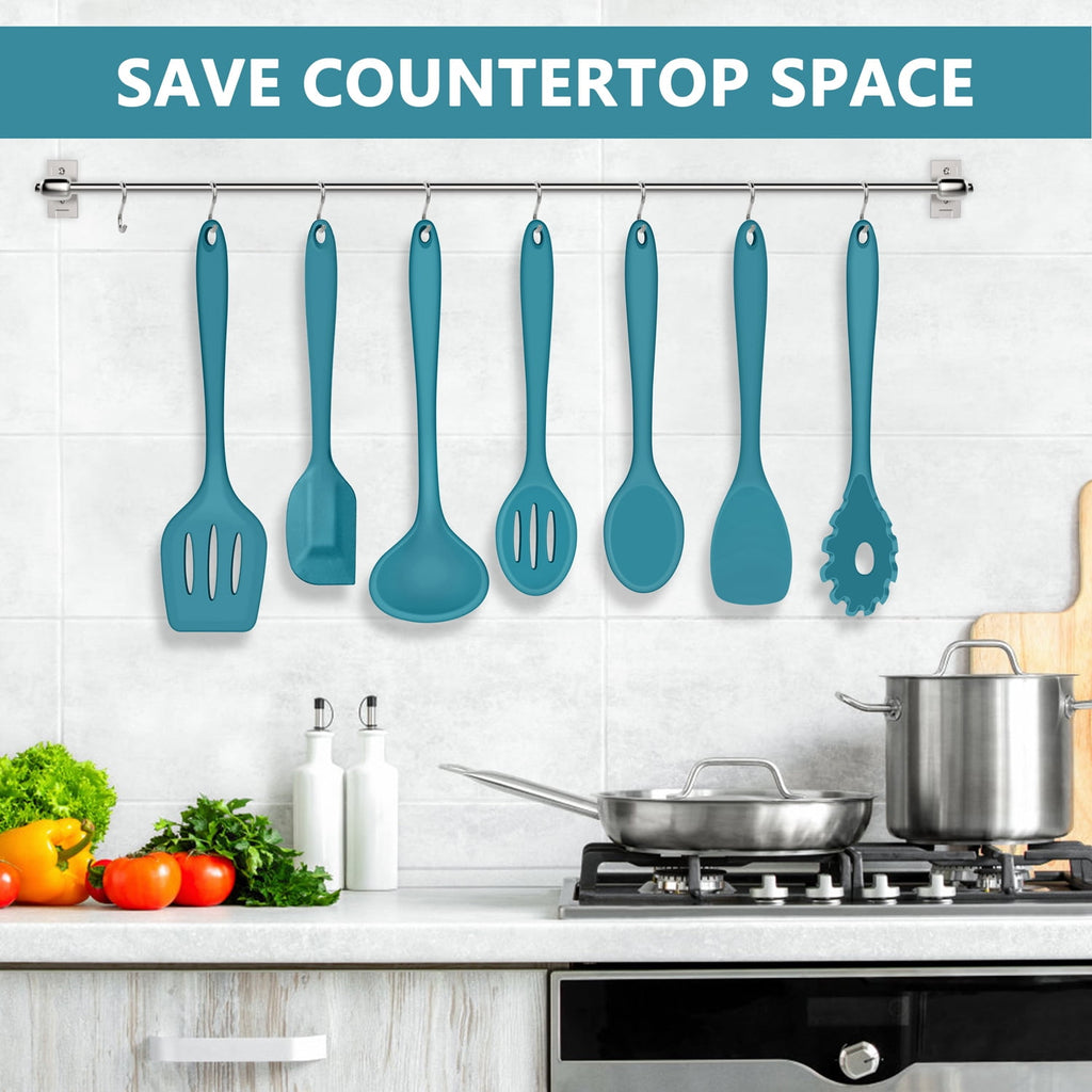 7-Piece Silicone Cooking Utensils Set, Blue Kitchen Utensils, Non-stick Gadgets Tools Include Slotted Turner, Soup La... - Image 2