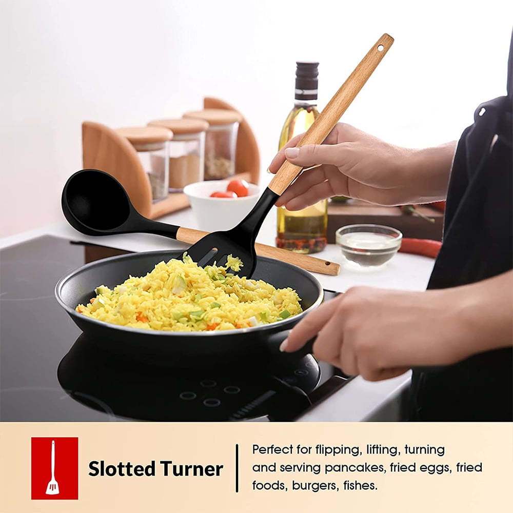 Kitchen Utensils Set of 6, VeSteel Silicone Cooking Utensils with Wooden Handle, Non-Stick Cookware & Heat Resistant, Includes Spatula/Ladle - Image 2