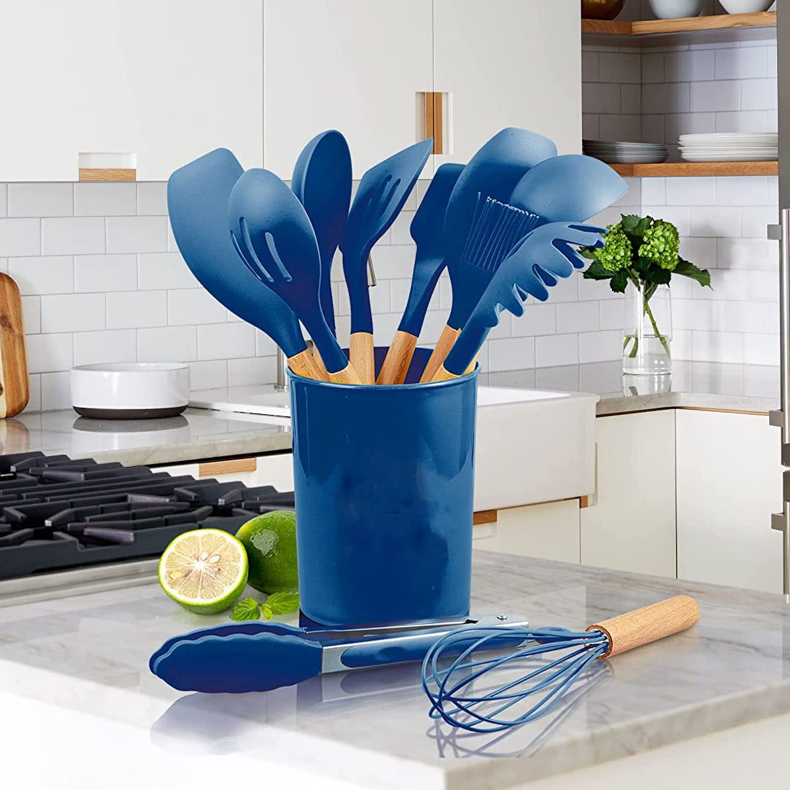 12 Pcs Silicone Cooking Utensils,Wooden Kitchen Utensil Set, Kitchen Household Products,Dark blue - Image 6