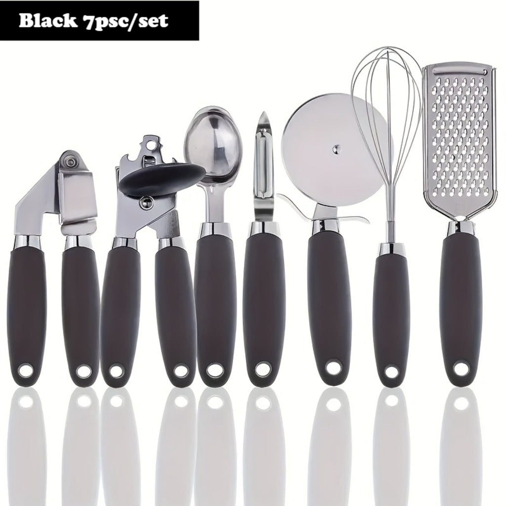 7 Pcs Black Stainless Steel Kitchen Gadget Set,Soft Touch Black Handles,Practical Daily Cookware for Home and New Apa... - Image 4