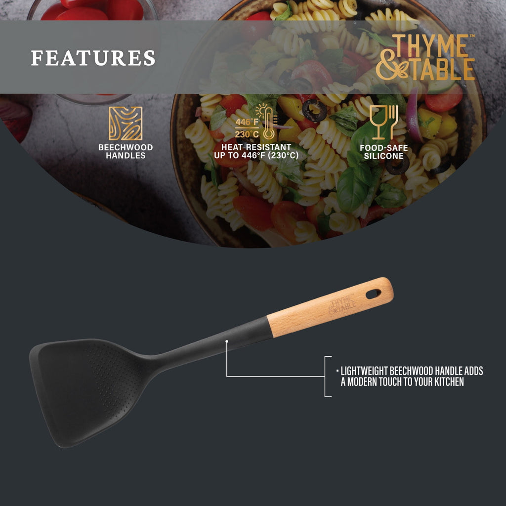 Food-Safe Silicone Turner with Beechwood Handle, Black - Image 5