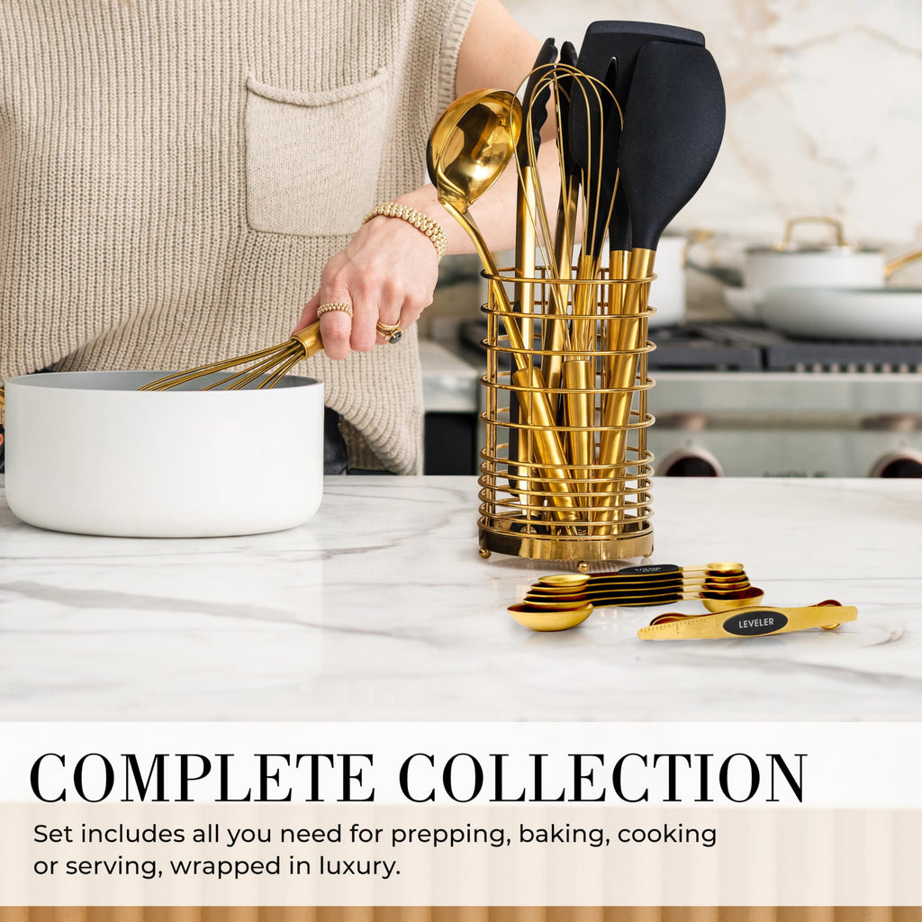 Black and Gold Kitchen Utensils Set - 15 Piece Set Includes Gold and Black Silicone Cooking Utensils with Gold Utensi... - Image 2