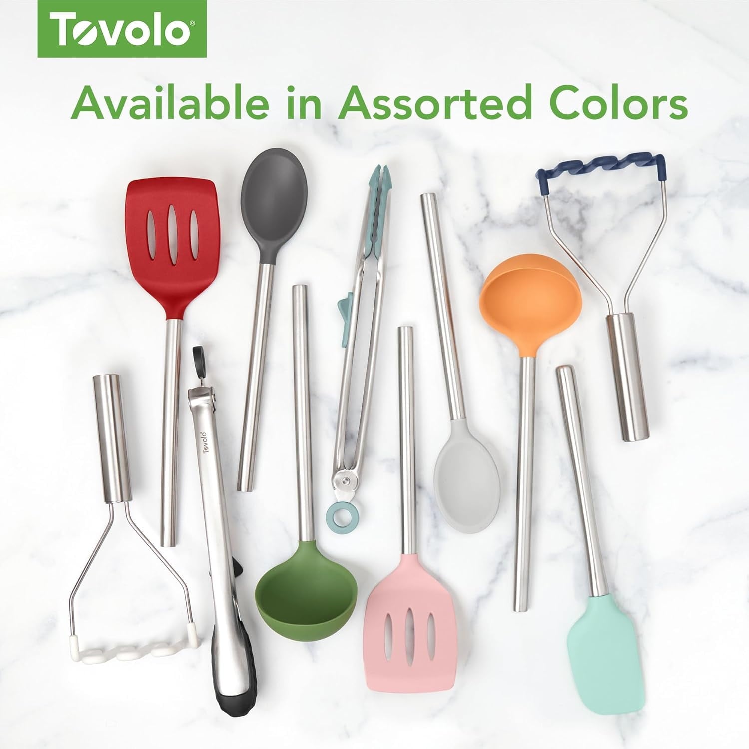 Tovolo Silicone Cooking Utensil Set of 6 Pink Sorbet Ladle Slotted Turner Tongs Flex Core Spatula Scraper Mixing Spoon and Potato Masher, Di - Image 5