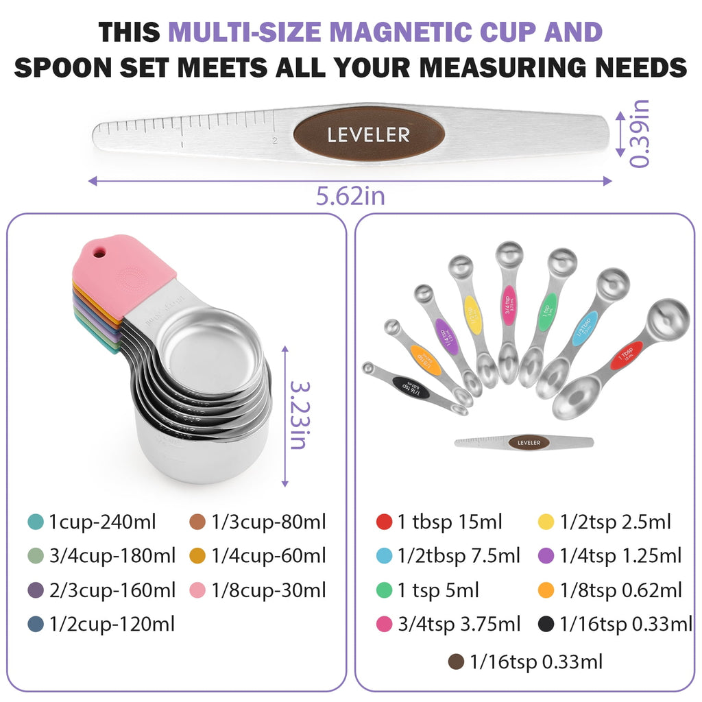 16 Piece Magnetic Measuring Cups and Spoons Set, Stainless Steel Nesting Metal Measuring Cups Set with Leveler for Dr... - Image 2