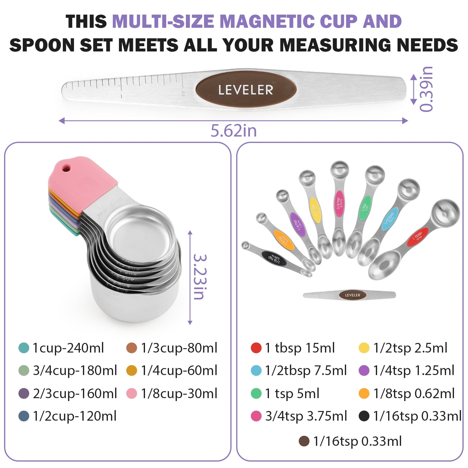 16 Piece Magnetic Measuring Cups and Spoons Set, Stainless Steel Nesting Metal Measuring Cups Set with Leveler for Dr... - Image 2