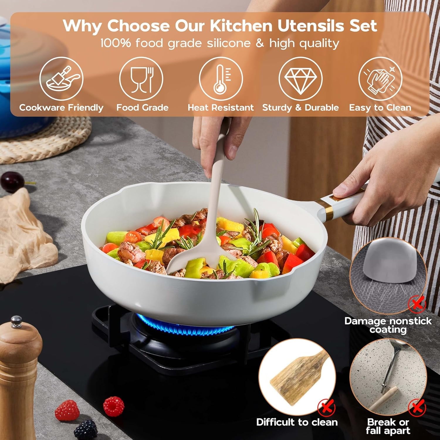Silicone Cooking Utensils Set of 10, Kitchen Utensils for Nonstick Cookware, Heat Resistant & Nontoxic Spatula Set - Khaki. - Image 4