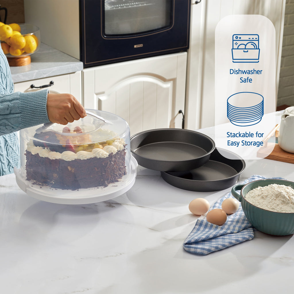 12 inch Clear Cake Carrier with 2pk 9 inch Gray Round Pans, Carbon Steel - Image 2