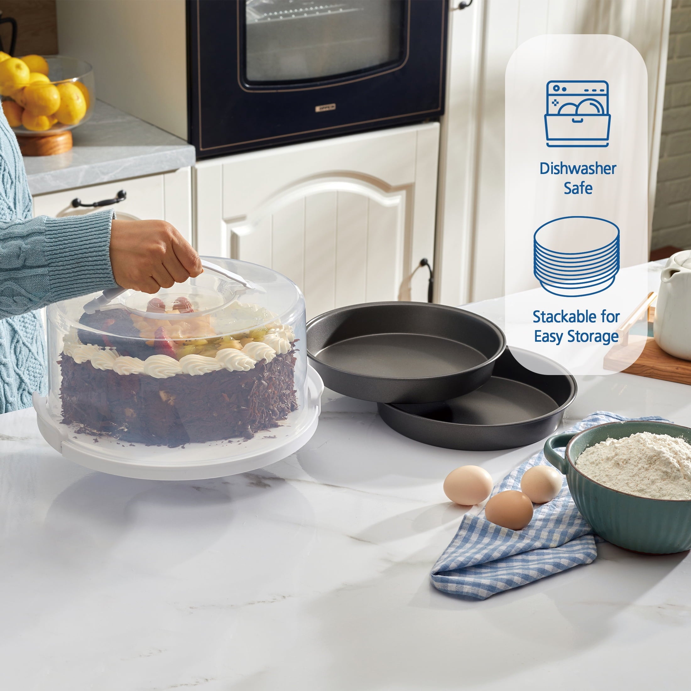 12 inch Clear Cake Carrier with 2pk 9 inch Gray Round Pans, Carbon Steel - Image 2
