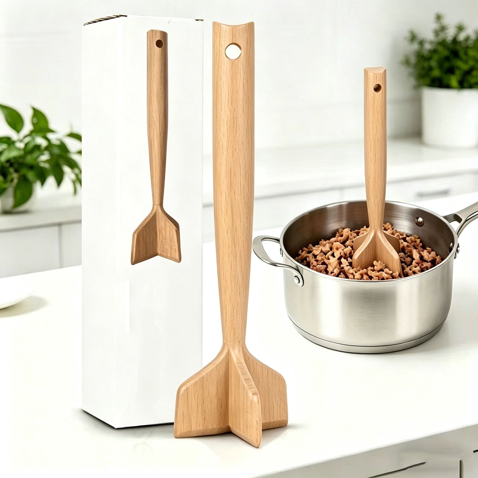 Werulen Solid Wooden Meat Chopper Masher,Multi Functional Food Processing Style,Kitchen Cooking Baking Meal Prep Use,Ground Beef Potato Mash - Image 5