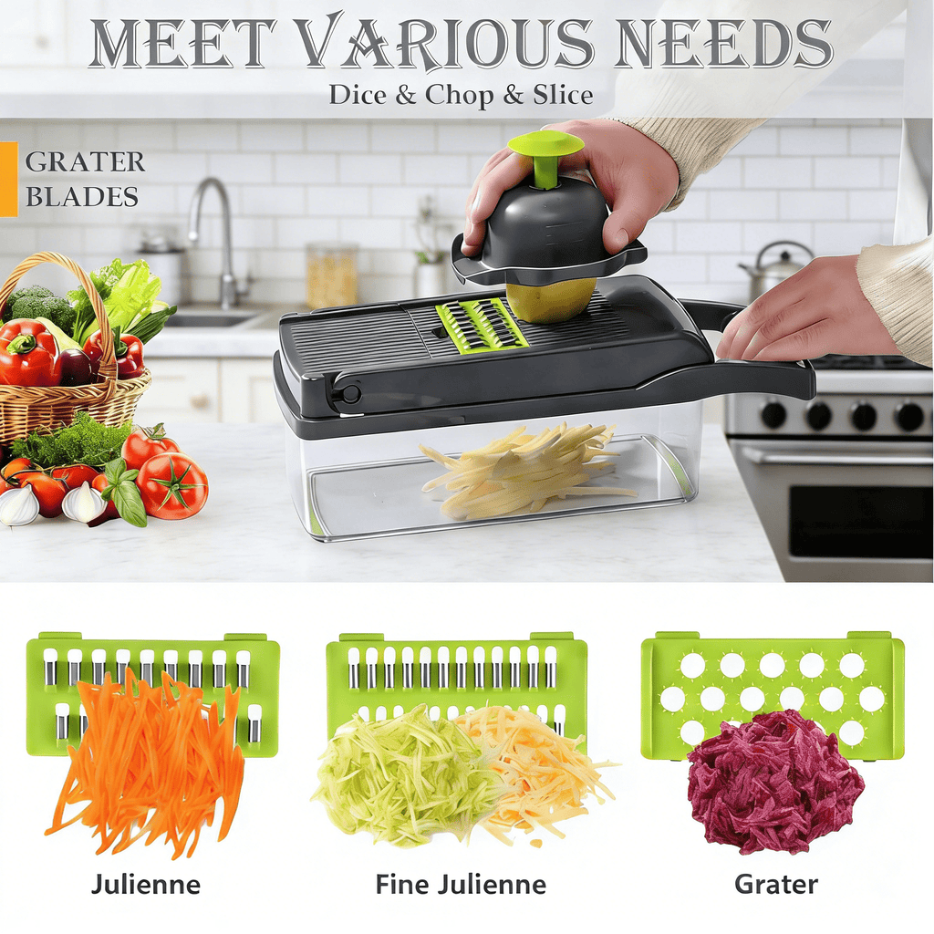 10-in-1 Vegetable Chopper Mandoline Slicer, 8 Blade Food Cutter with Colander Basket & Storage Case - Image 4
