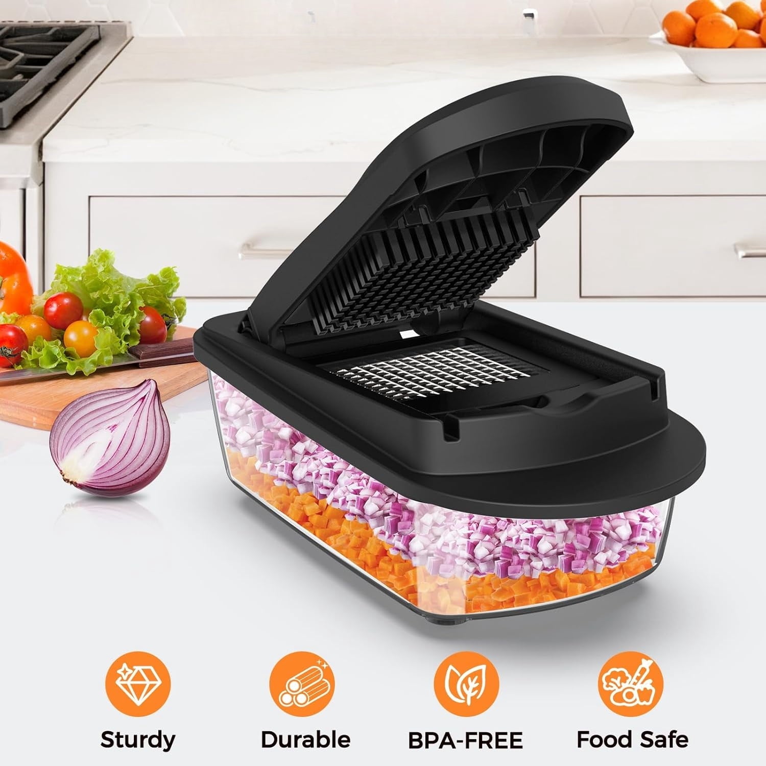 8-Blade Multifunction Food Cutter with Container, Manual Veggie Dicer Slicer for Onion, Tomato, Potato, Cucumber and ... - Image 3
