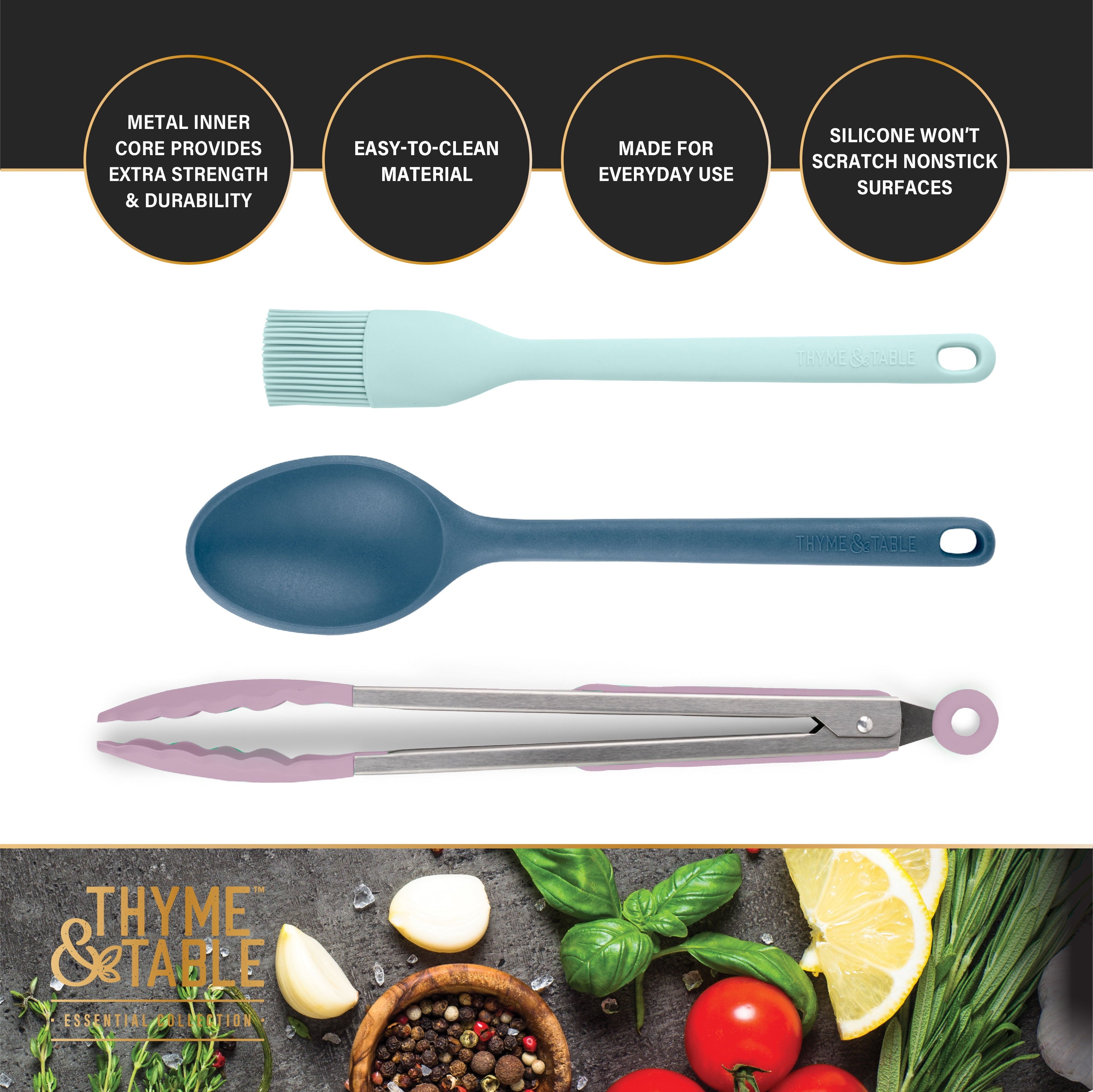 Silicone Utensils, 5-Piece Set, Tongs, Basting Brush, Spatula, Turner, Spoon - Image 3