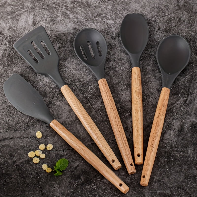 5pc Silicone Utensil Set, Kitchen Utensil Set, Safety Cooking Utensils Set, Non-Stick Cooking Utensils Set With Woode... - Image 3