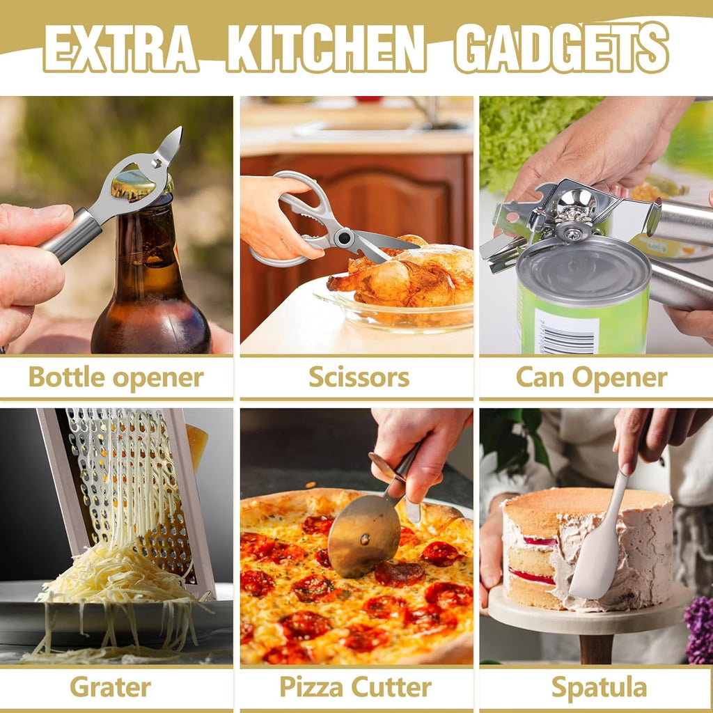 Cooking Utensils Set- Khaki Silicone Kitchen Utensils Set, 34PCS Heat Resistant Kitchen Gadgets Tools Set with Grater, Wooden Handle Kitchen - Image 4