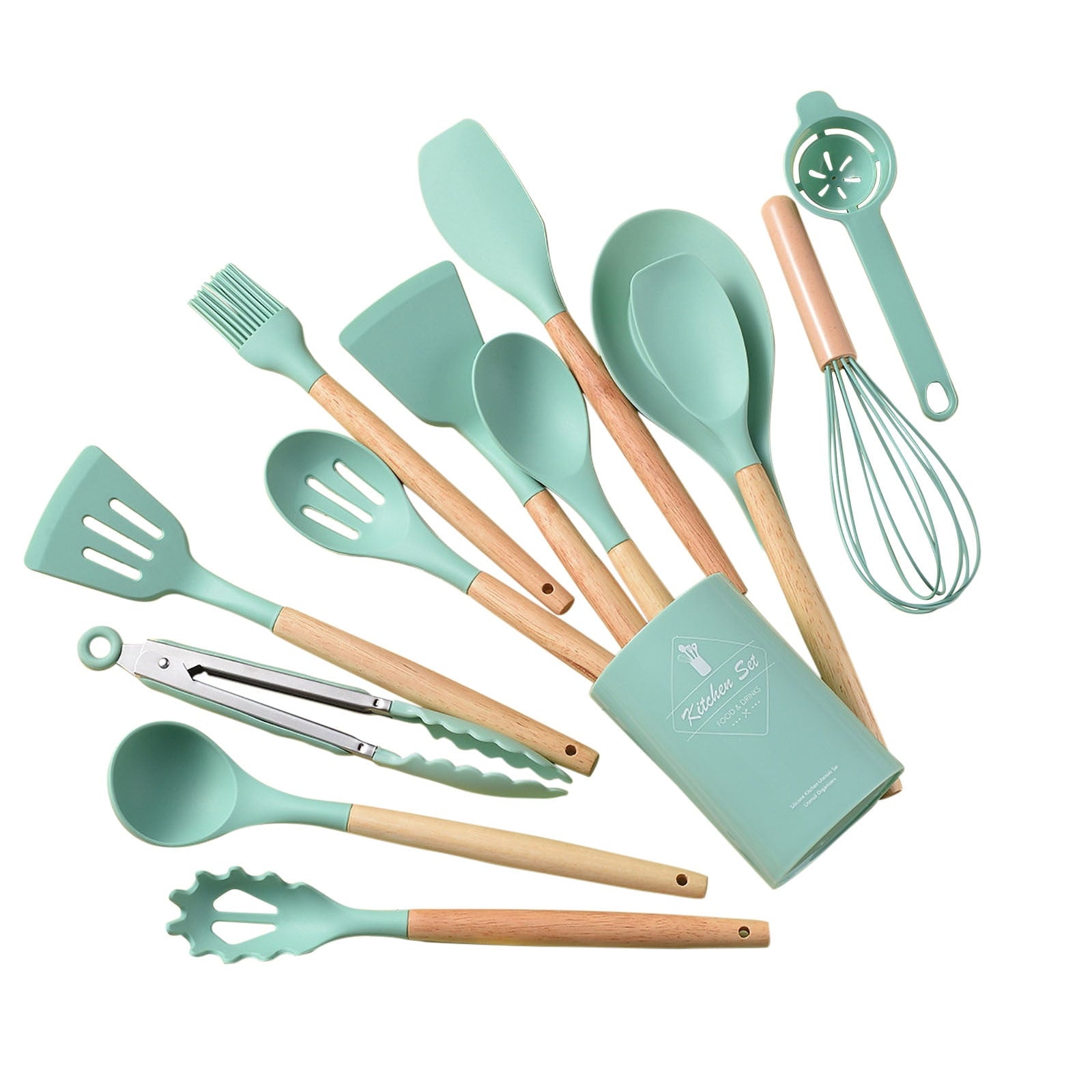 Kitchen Utensils & Gadgets,Wooden Handle Silicone Kitchenware Set 14 Piece Round Barrel Set Non Stick Pot Cooking Spo... - Image 5