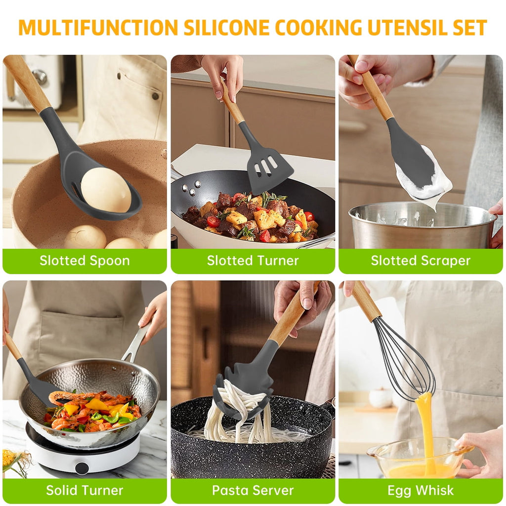 GPED 29 Pcs Silicone Kitchen Utensil Set, Cooking Utensils Set with Wooden Handle, Food Grade Silicone Spatula Set, BPA-Free, 446°F Heat Res - Image 4