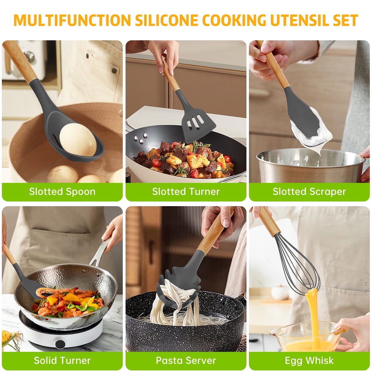 GPED 29 Pcs Silicone Kitchen Utensil Set, Cooking Utensils Set with Wooden Handle, Food Grade Silicone Spatula Set, BPA-Free, 446°F Heat Res - Image 4