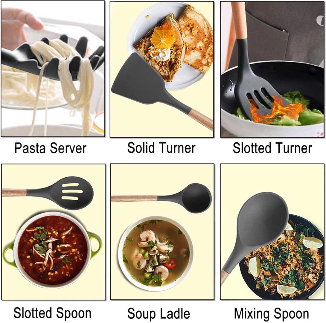 12 Pcs Kitchen Utensils Cooking Spatulas Nonstick Heat Resistant Silicone Kitchen Cookware Set(light grey) - Image 5