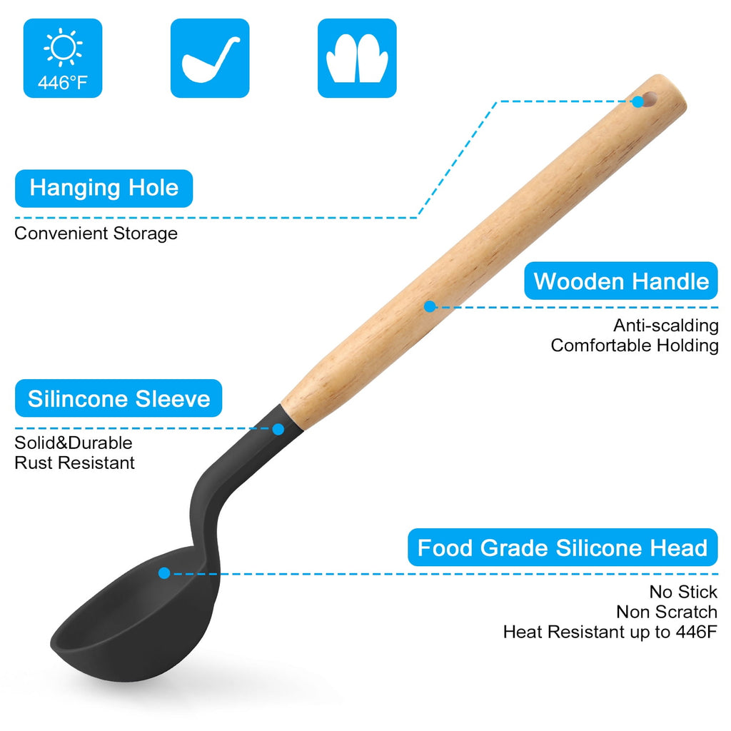 Silicone Cooking Utensils Sets with Utensils Holder AILKIN 12-Piece Wooden Handle Kitchen Utensil Set 600F Heat Resistant Non-stick Cookware - Image 5