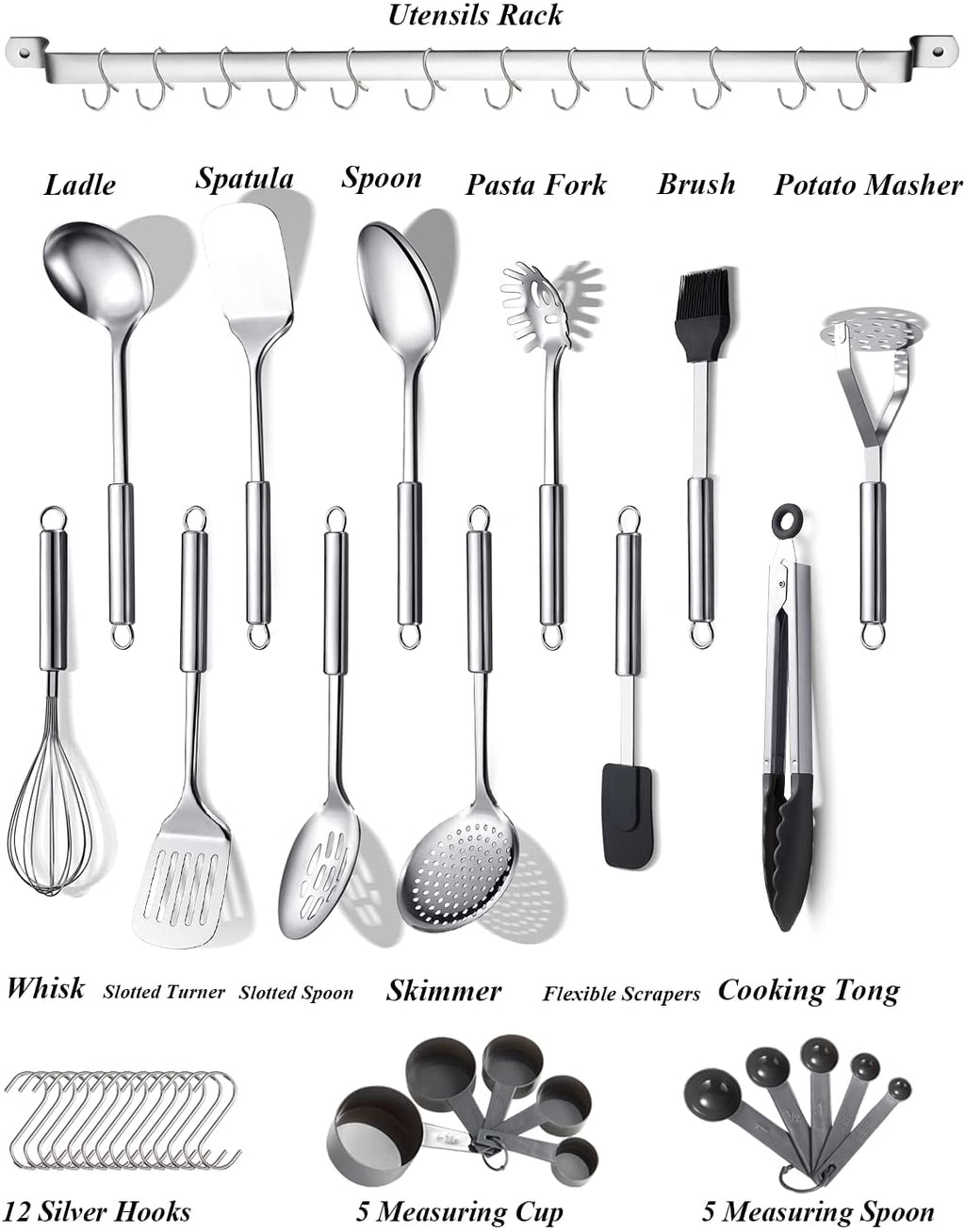 ReaNea Kitchen Utensils Set 37 Pieces, Stainless Steel Cooking Utensils Set, Kitchen Gadgets Cookwarewith Hooks For Hanging Kitchen Tool Set - Image 3