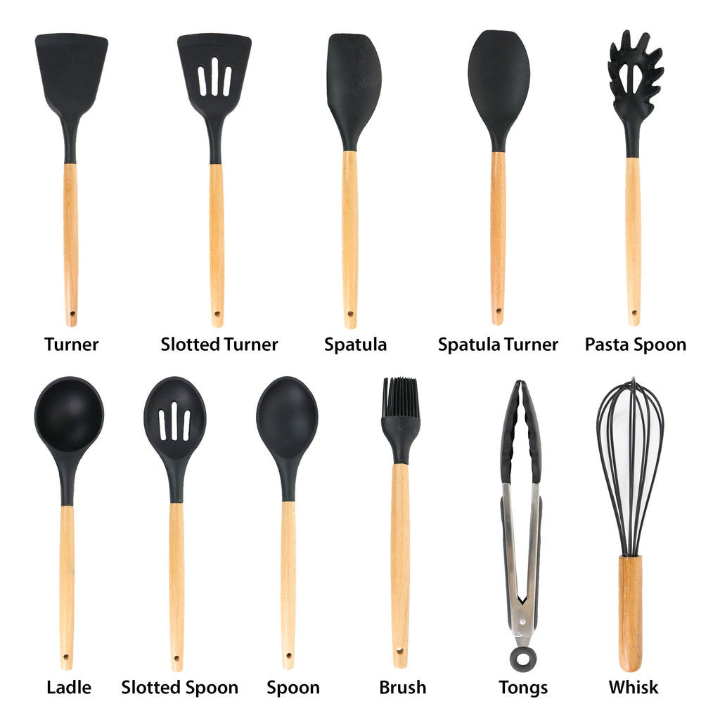 MegaChef Black 12 Piece Silicone and Wood Cooking Utensils - Image 3
