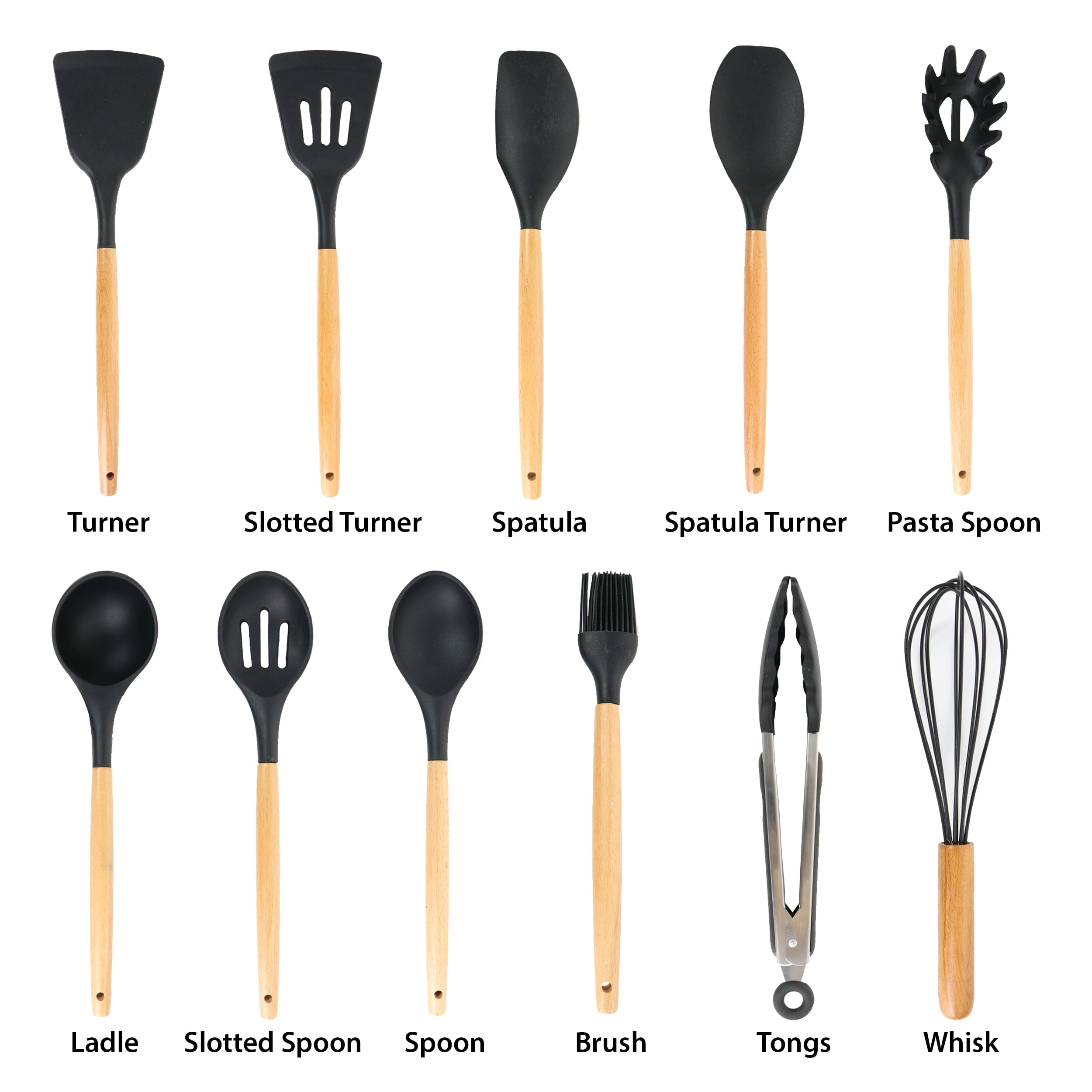 MegaChef Black 12 Piece Silicone and Wood Cooking Utensils - Image 3