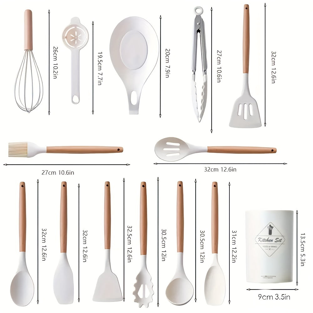 14pcs/set, Silicone Utensil Set, White Kitchen Utensil Set, Safety Cooking Utensils With Storage Bucket, Non-Stick Cooking Utensils With Woo - Image 4