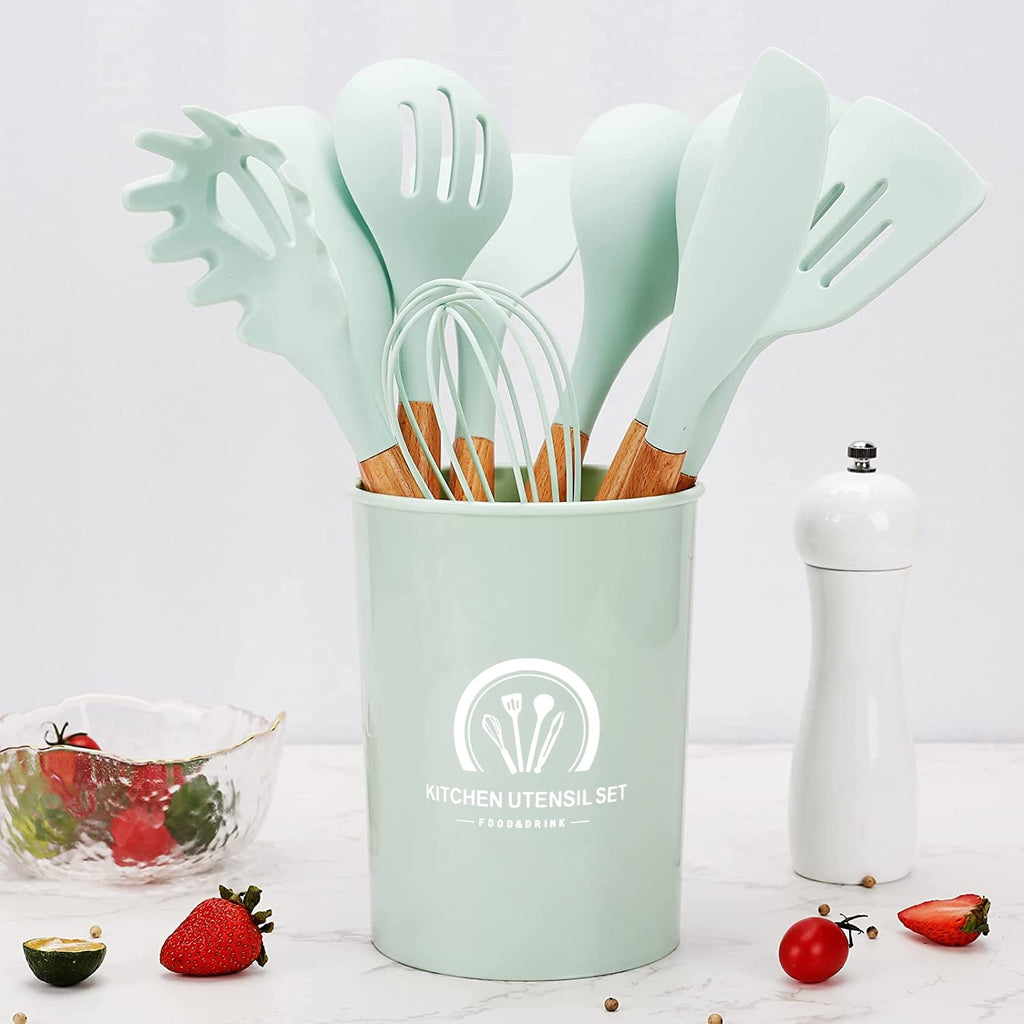 Silicone Cooking Utensils Set, 446°F Heat Resistant Wooden Handle Cooking Kitchen Utensils Spatula Set with Holder fo... - Image 3