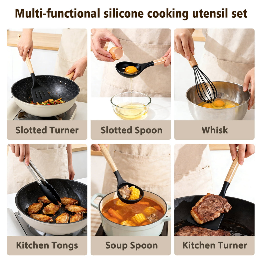 Silicone Cooking Utensils Set, Heat Resistant Kitchen Cooking Utensils Set, 12 PCS Handle Silicone Kitchen Gadgets Utensil Set, Black - Image 5