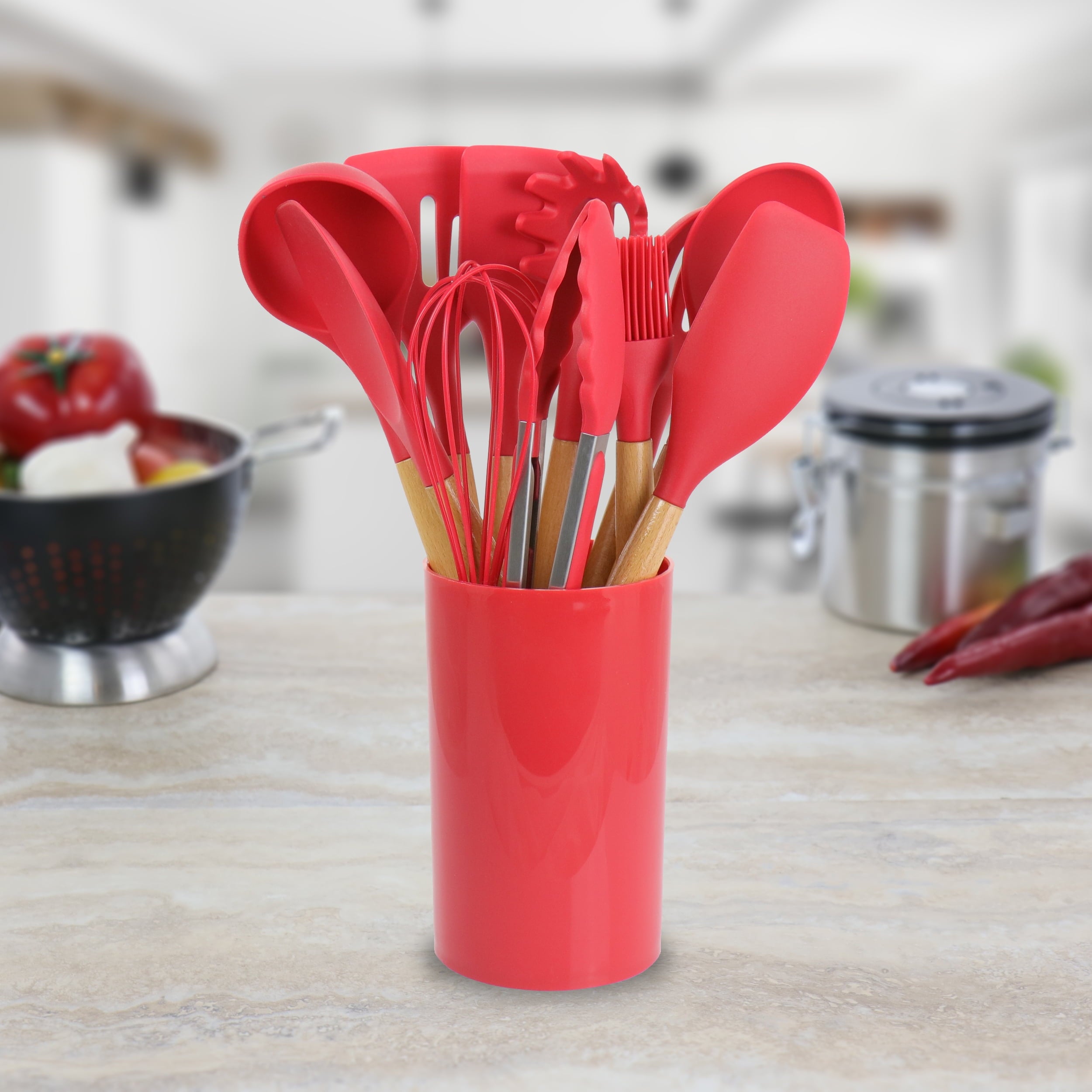 Red 12 Piece Silicone and Wood Cooking Utensils - Image 3