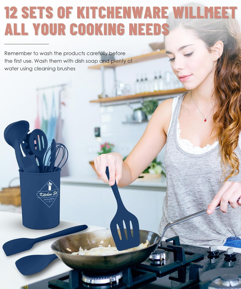 Kitchen Utensils Set-12 Pieces Silicone Cooking Utensils Set (Dishwasher Safe) Heat Resistant Spatula Set, Nonstick C... - Image 3