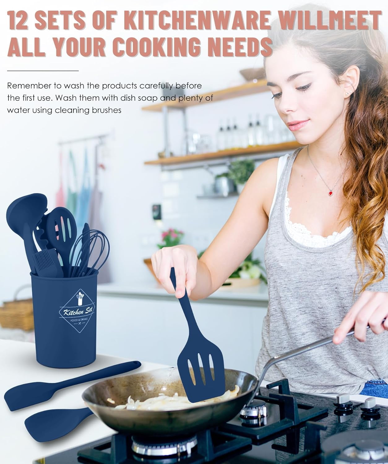 Kitchen Utensils Set-12 Pieces Silicone Cooking Utensils Set (Dishwasher Safe) Heat Resistant Spatula Set, Nonstick C... - Image 3