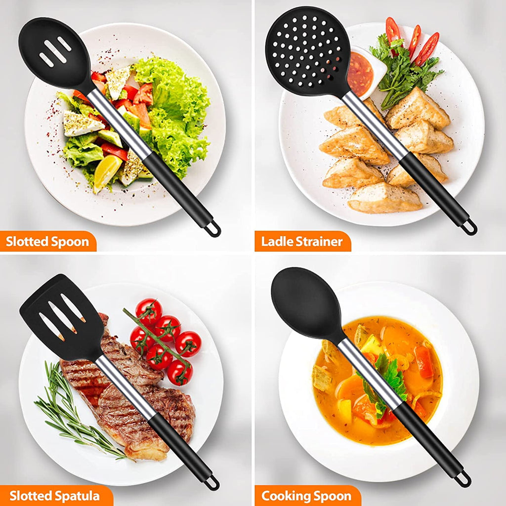 Silicone Cooking Utensil Set, 8Pcs Non-stick Cookware with Stainless Steel Handle, BPA Free Heat Resistant Kitchen To... - Image 4