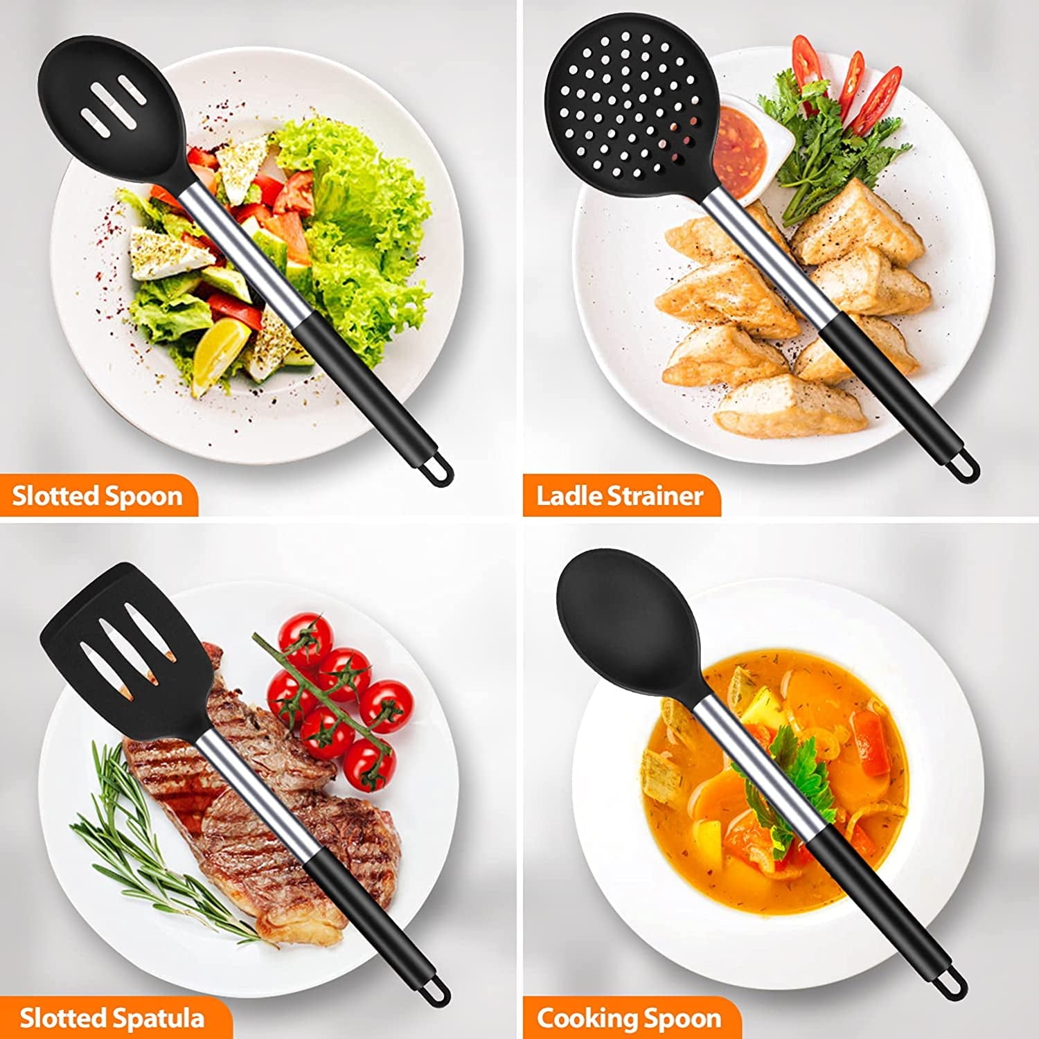 Silicone Cooking Utensil Set, 8Pcs Non-stick Cookware with Stainless Steel Handle, BPA Free Heat Resistant Kitchen To... - Image 4