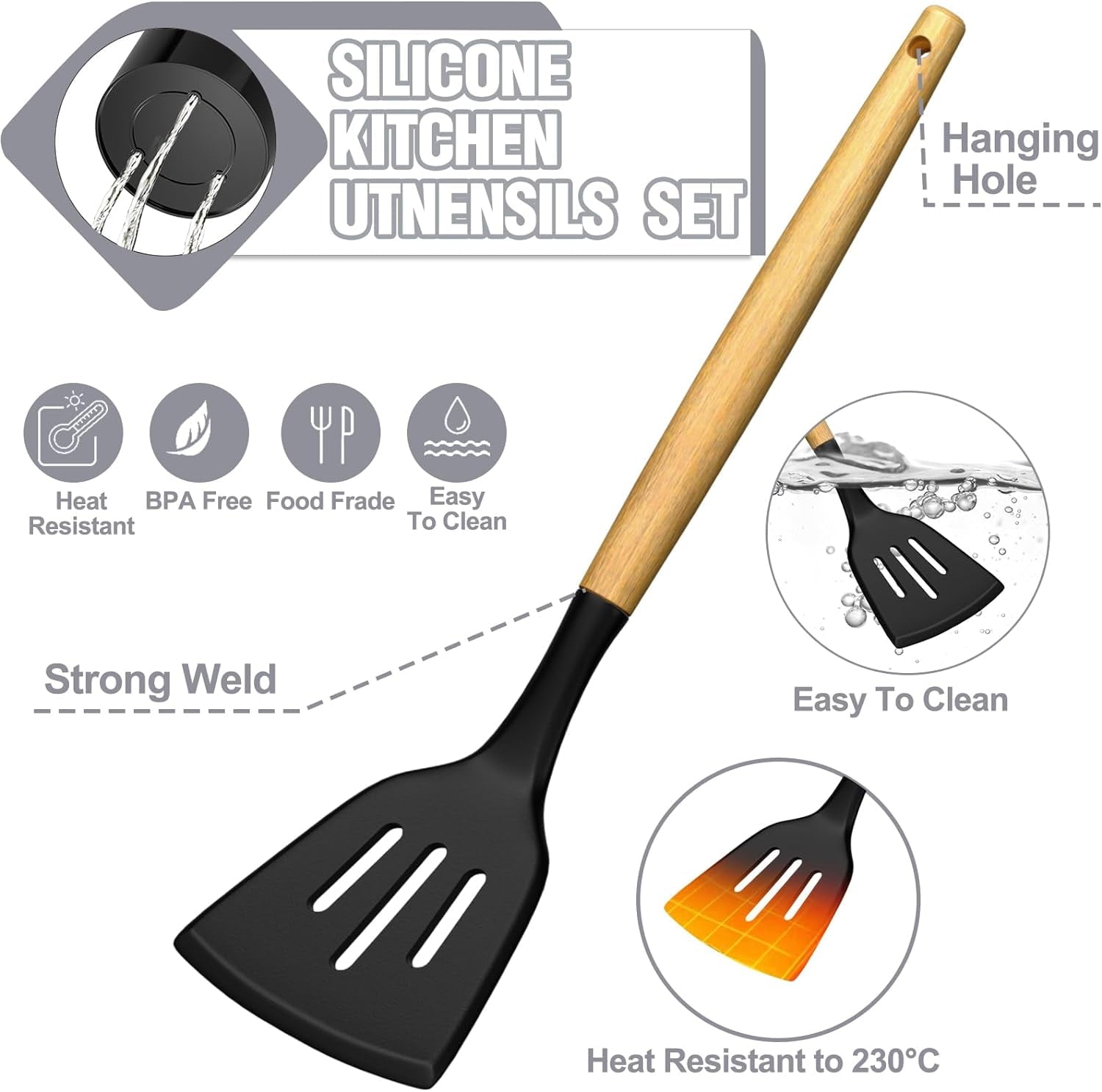Kitchen Utensil Set, AOKIWO 34Pieces Silicone Cooking Utensil Set with Wooden Handle, Heat Resistant Spatula Set Gadgets Tools Cookware, Bla - Image 5