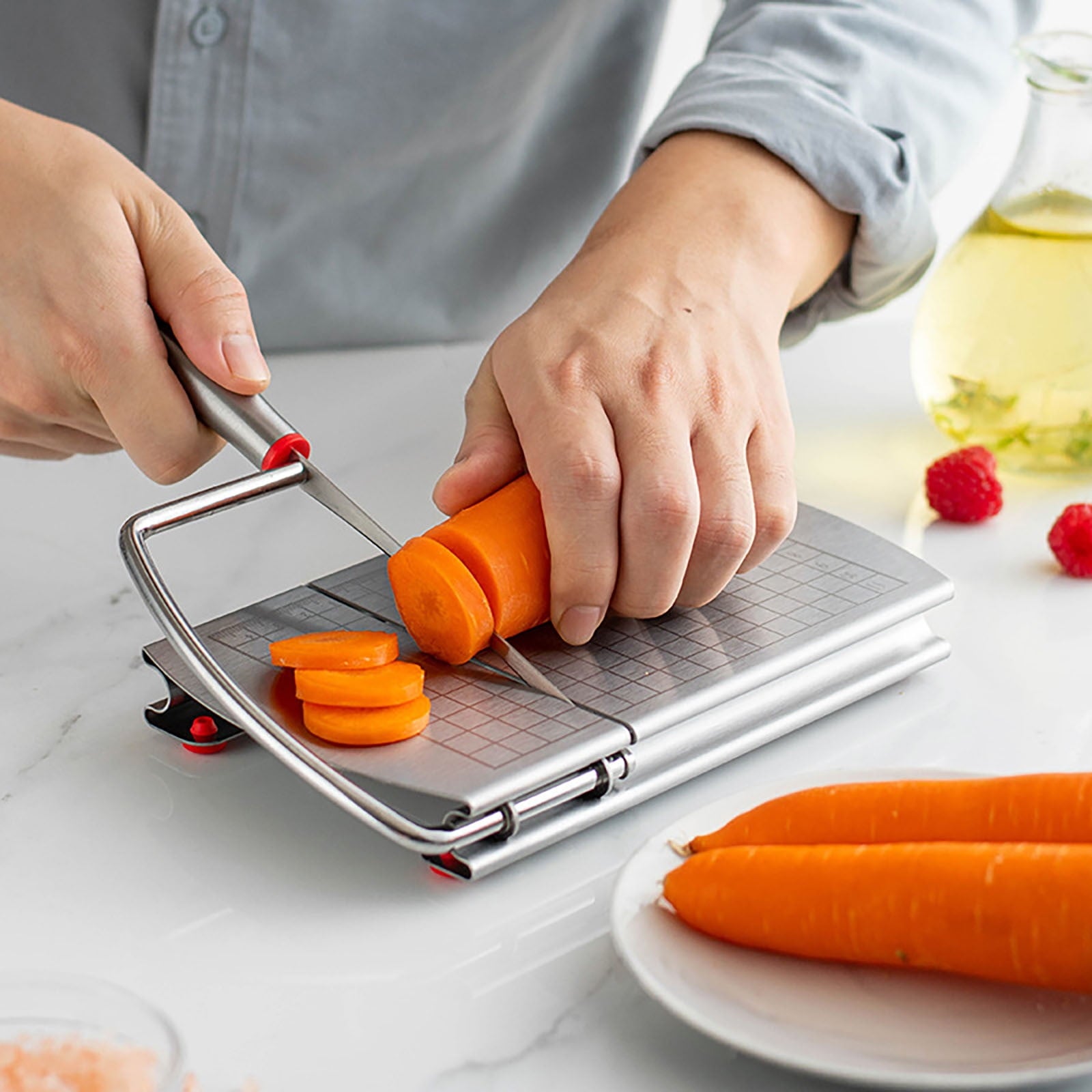 Stainless Steel Food Slicer with Scale | Cheese & Vegetable Chipper | Sausage & Cake Cutter | Handle | Non-Slip Base ... - Image 4