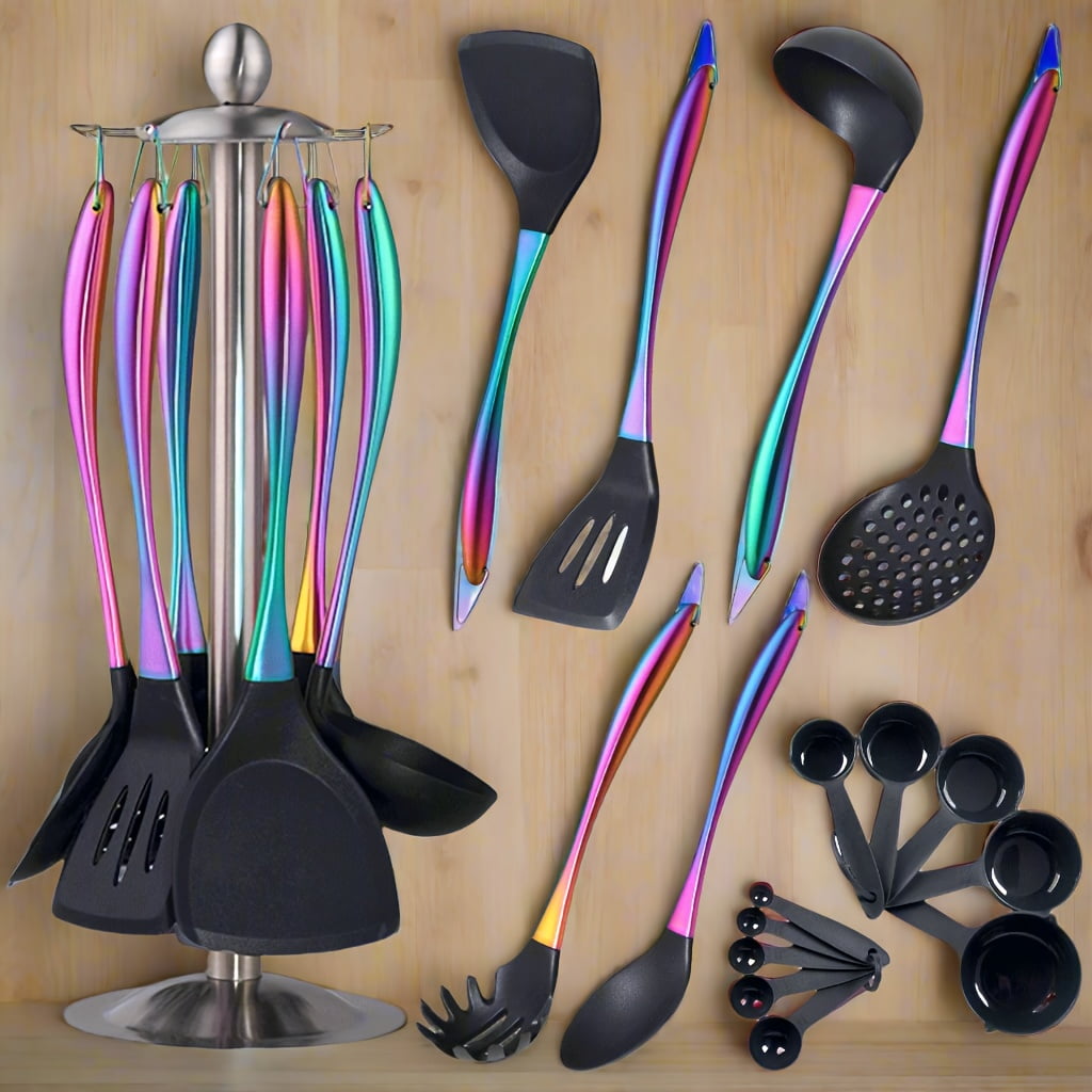 17-Piece Titanium Rainbow Silicone Kitchen Utensils Set with Holder, Heat-Resistant Non-Stick Tools with Stainless St... - Image 2