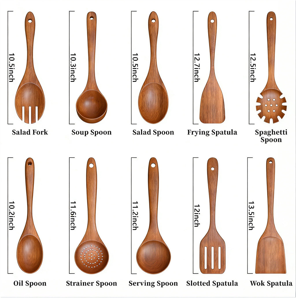 GPED Wooden Spoons for Cooking, 10 PCS Teak Wood Cooking Utensil Set, Wooden Kitchen Utensils for Nonstick Pans & Cookware, Spoons and Spatu - Image 3