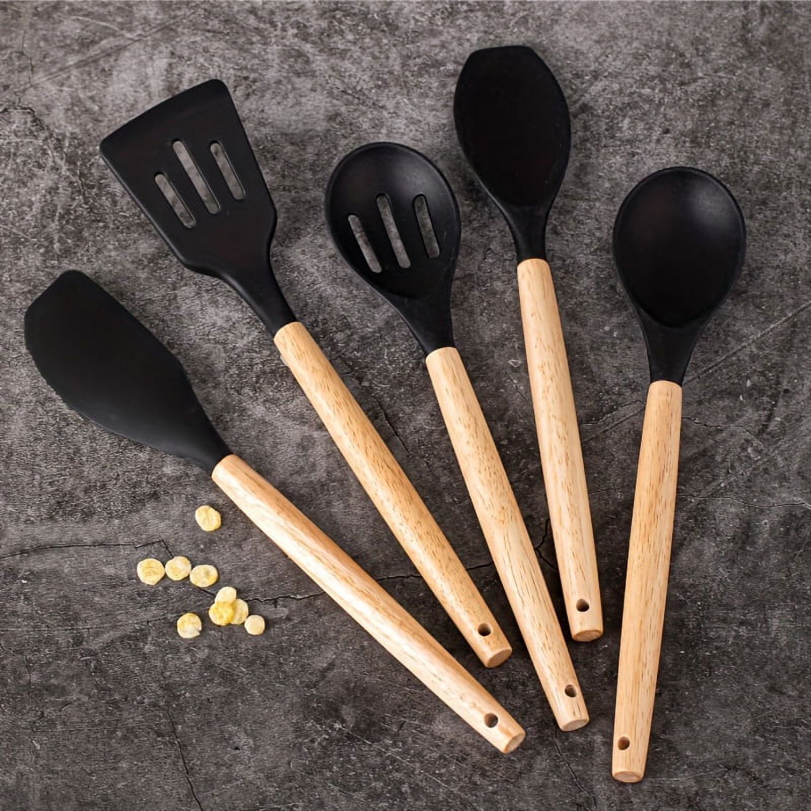 5pc Silicone Utensil Set, Kitchen Utensil Set, Safety Cooking Utensils Set, Non-Stick Cooking Utensils Set With Woode...