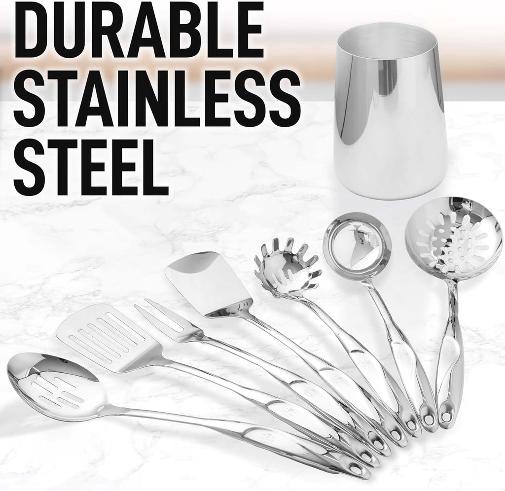 Stainless Steel Cooking Utensil Set -  Metal Kitchen Gadgets - Easy to Clean Tools - 8 Piece Set - Image 3