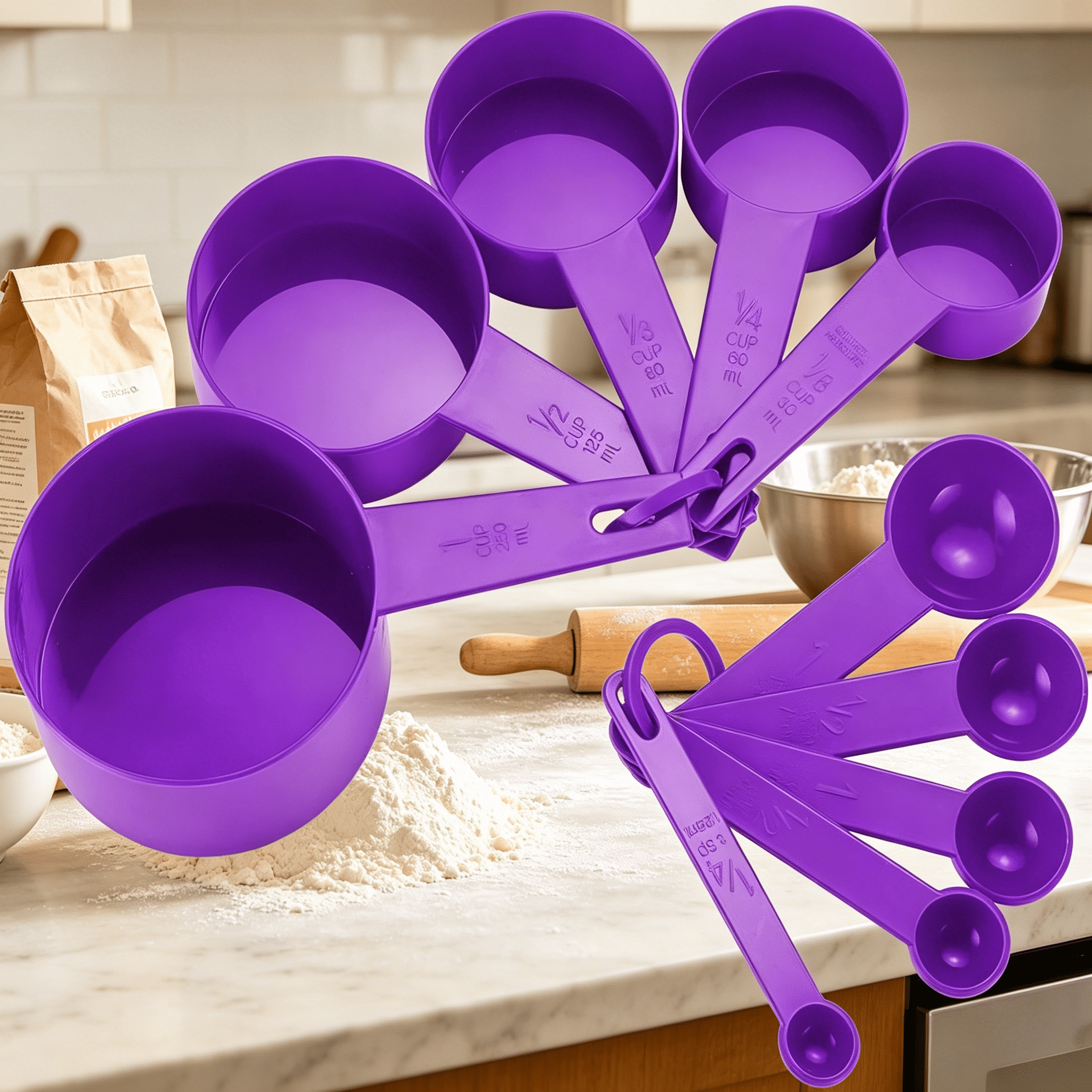 ACDANC 2026 New 10Pcs 7 Color Measuring Cups and Measuring Spoon Scoop Silicone Handle Kitchen Measuring Tool (Color : Purple) - Image 5